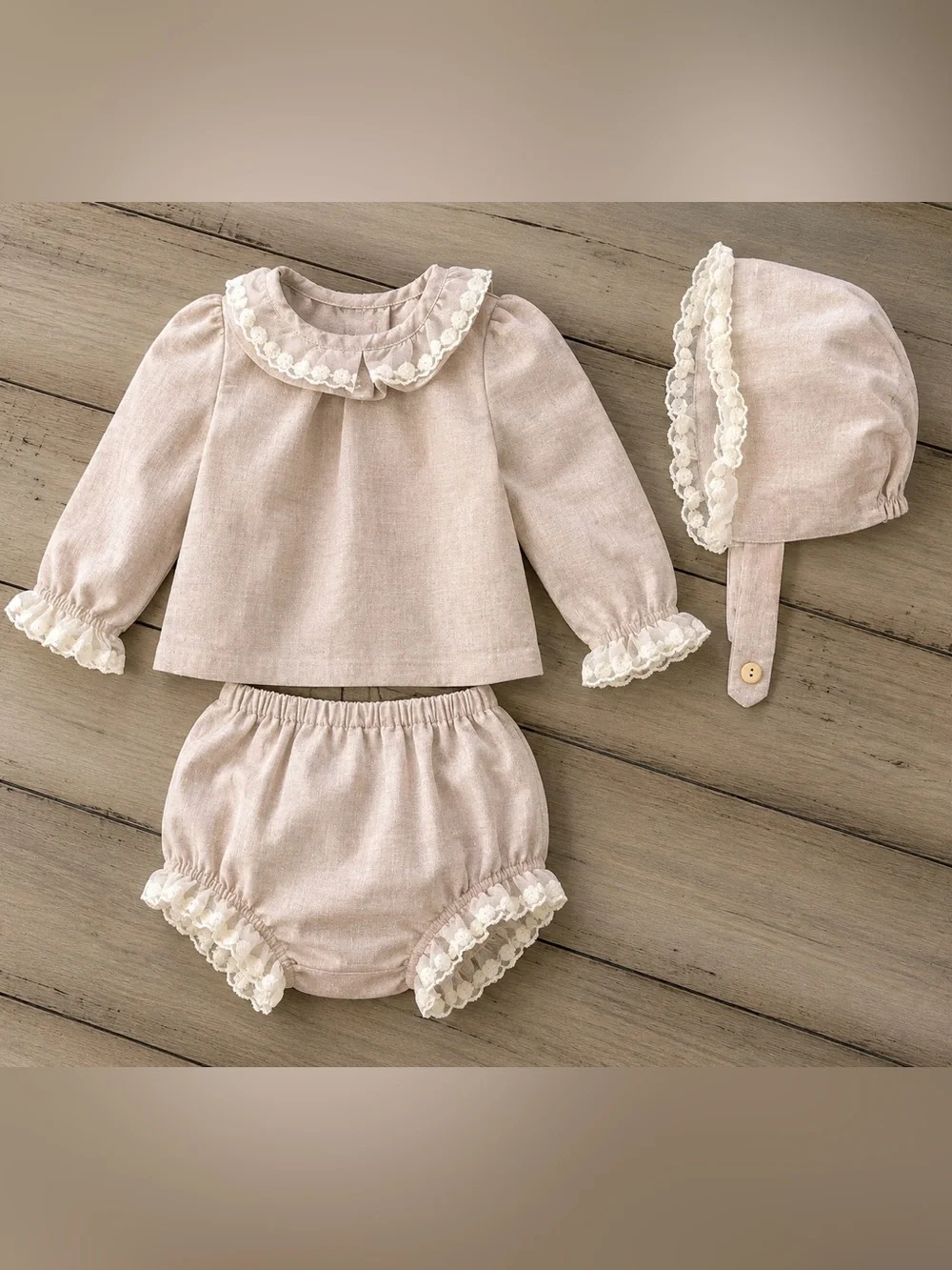 Baby Girls 3 Pc Outfit Set Pink Lace Bloomer Bonnet Top 6 Months Boutique Style